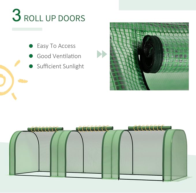 Outsunny 10' x 3' x 2.5' Mini Greenhouse, Portable Tunnel Green House with Roll-Up Zippered Doors, UV Waterproof Cover, Steel Frame, Green
