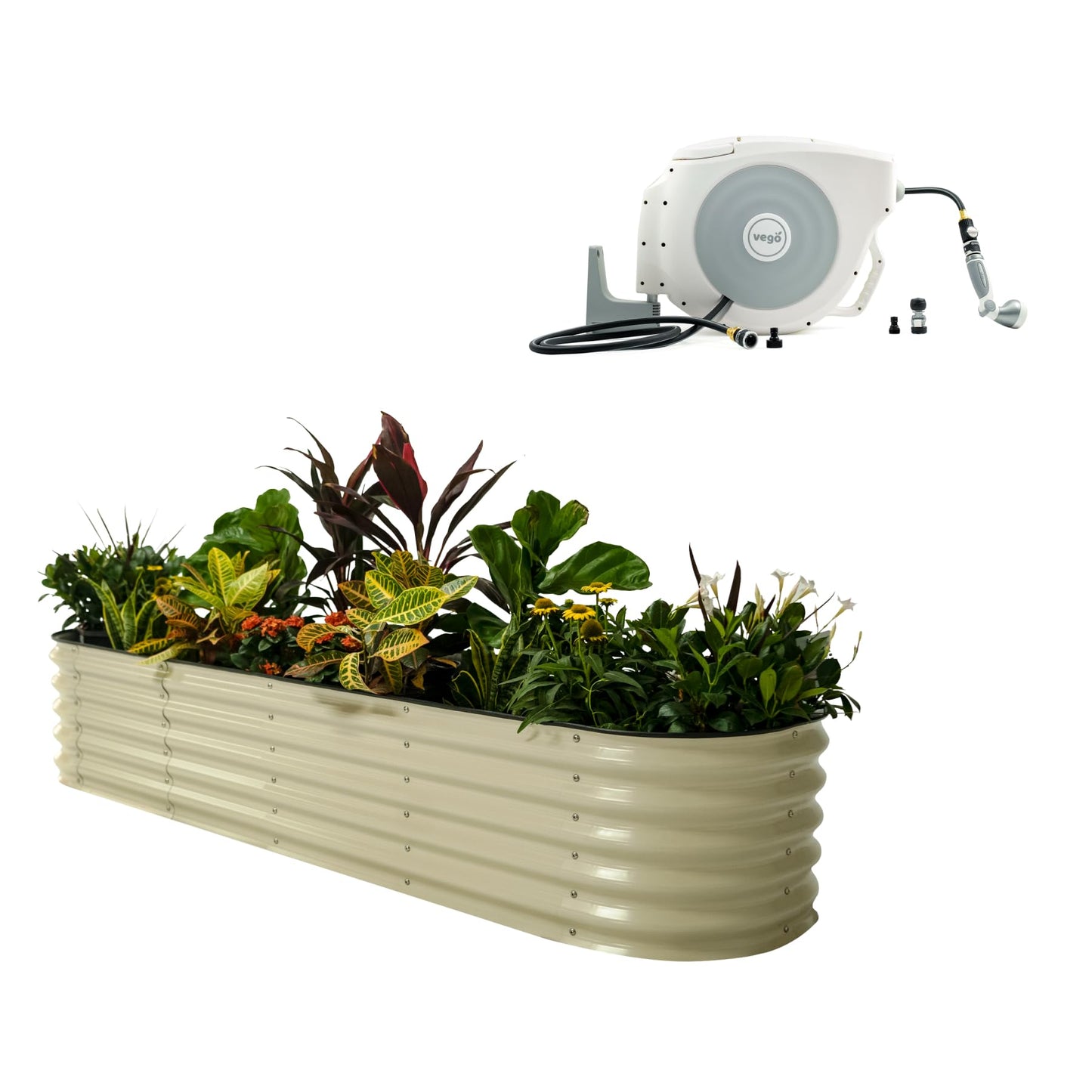 17" 9 in 1 Garden Bed & 130ft Retractable Hose Reel Kit