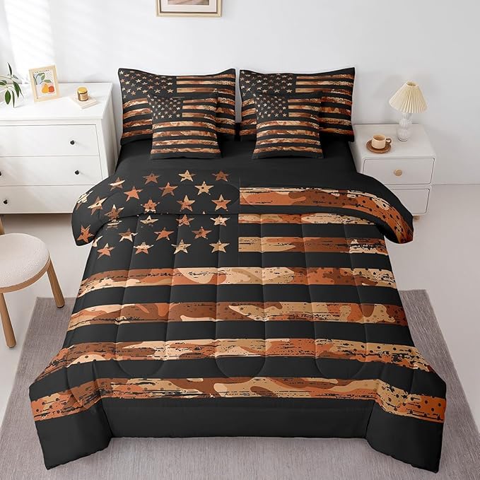Feelyou American Flag Bedding Bed Set Set Queen Size Orange Brown Camouflage 7 Pieces Bedding Set, Boys Girls Decor Camo Stripes All Season,Bed in a Bag with Comforter, Sheets, Pillowcases Abstract
