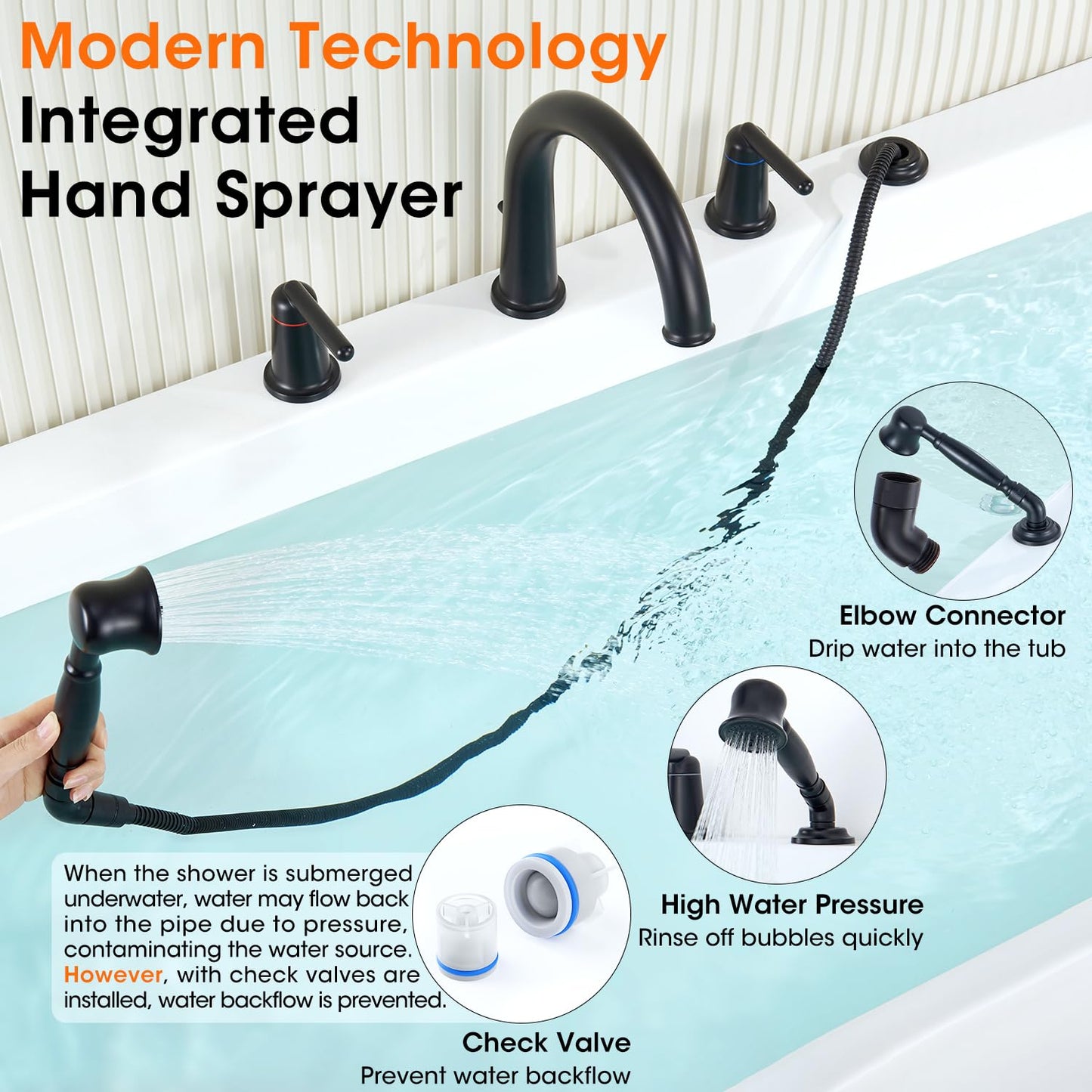 Wintap Bathtub Faucet Trim Kit with Hand Shower and Rough-in Valve Deck Mount 4 Hole High Flow Classic High Arch Tub Faucets Black, WT-9808BK