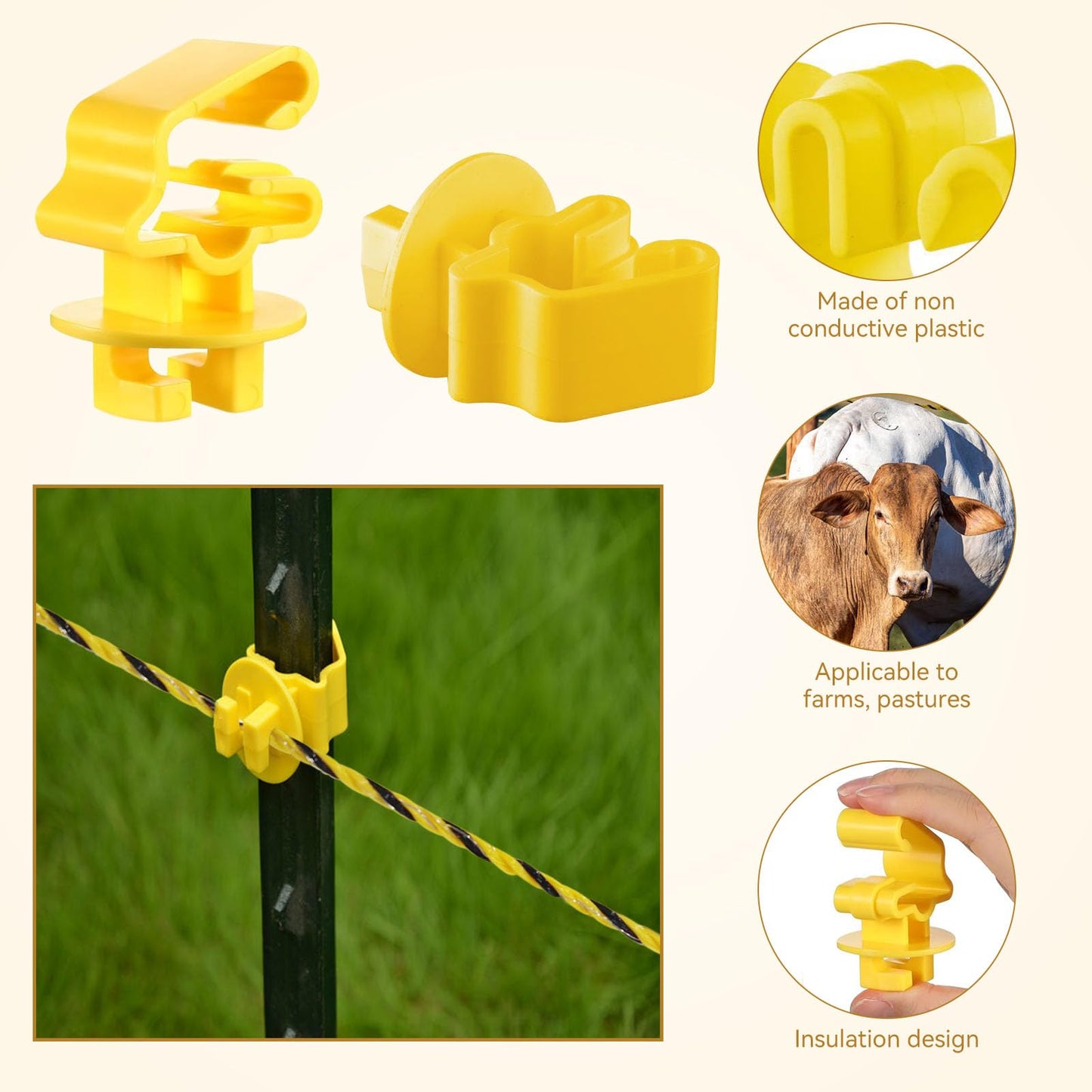 Electric Fence Wire Kit - 1312 Feet 400 Meters Electric Fence Polywire, 50 PCS T-Post Insulators, 25 PCS M4 Heavy Duty Poly Rope Connectors, 5 PCS Robber Electric Fence Gate Handle Insulators