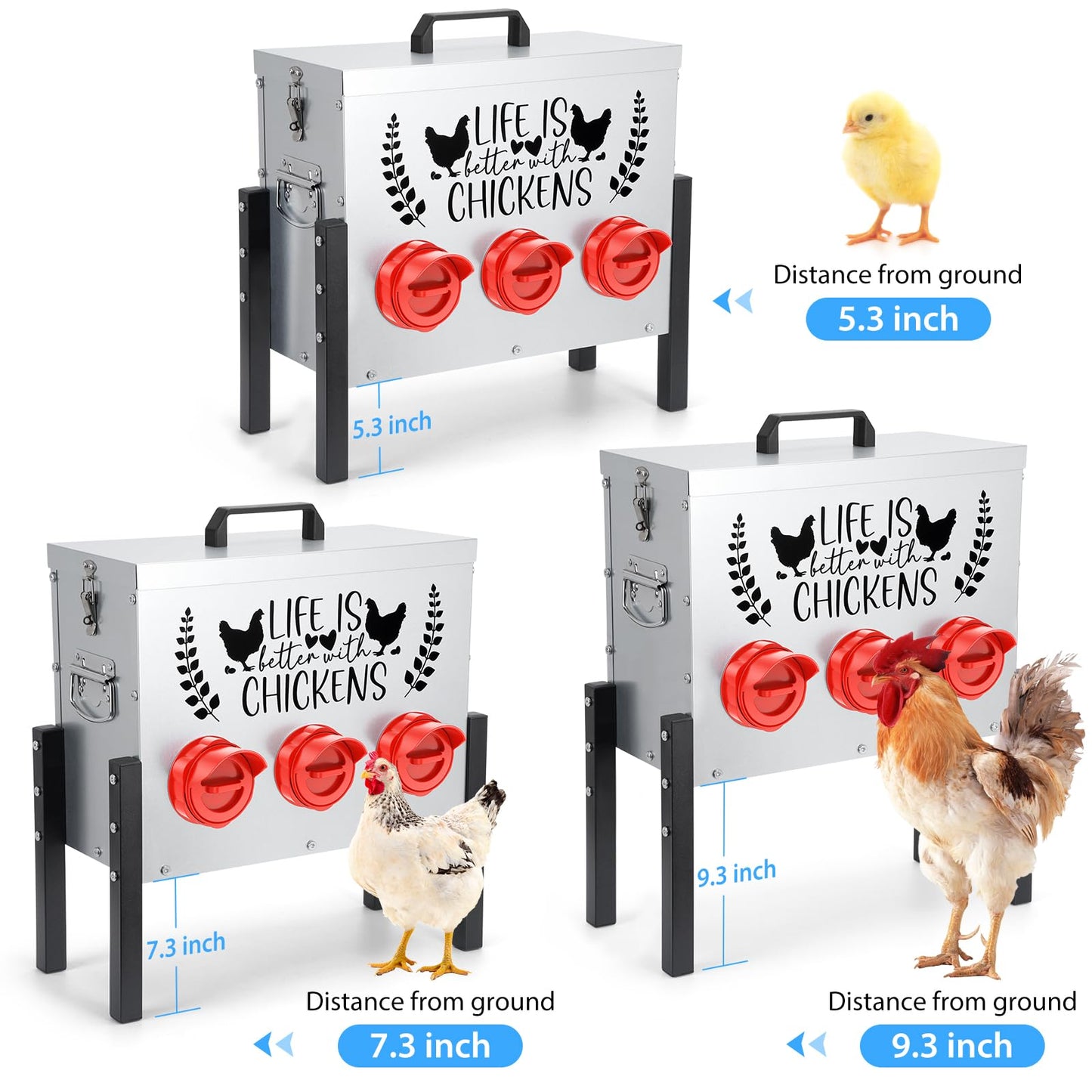 30 lb Chicken Feeder with 6 No-Waste Ports – Heavy-Duty Outdoor Metal Feeder with Adjustable Height, Locking Lid & Riveted Handles – Rustproof Feed Box for Poultry & Backyard Chickens