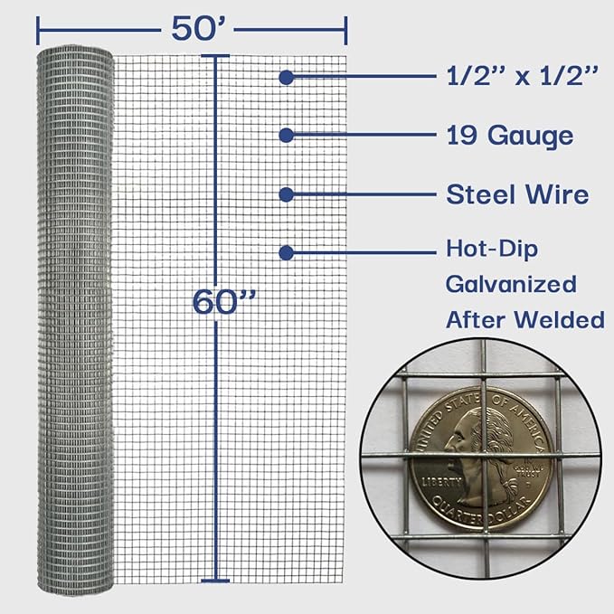 Hardware Cloth 1/2 in. x 5 ft. x 50 ft 19-Gauge, Chicken Wire Fencing, Garden Fence, Tree Guard, Chicken Wire Mesh Roll, Welded Wire Fencing, Mesh Wire Fence