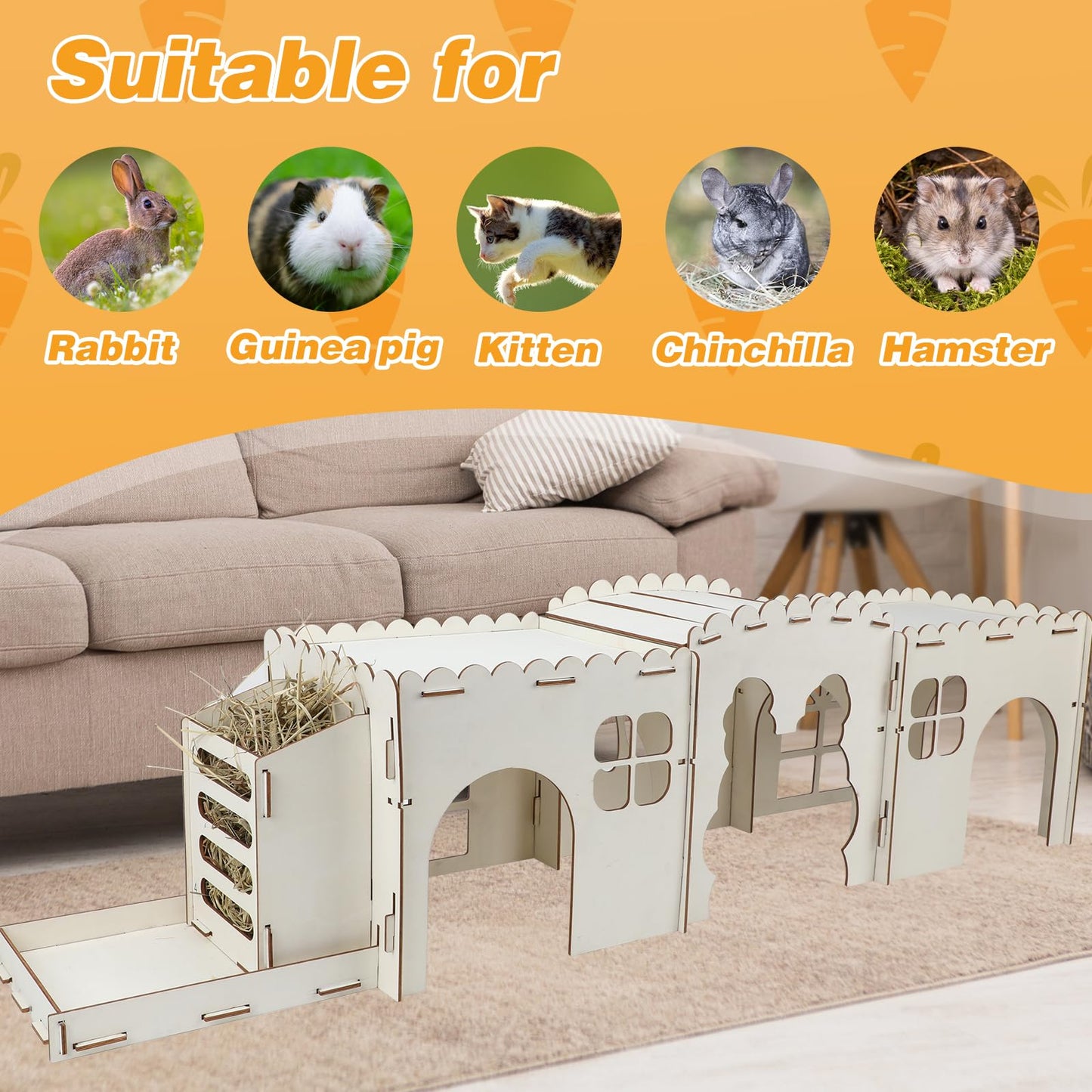 GINDOOR Extra Large Rabbit Hideout Castle with Hay Feeder, Wood Bunny House and Rabbits Hideaway, Indoor Bunny Castle Sturdy Small Animal Play Hideaway Hut for Bunnies, Guinea Pigs, Chinchillas