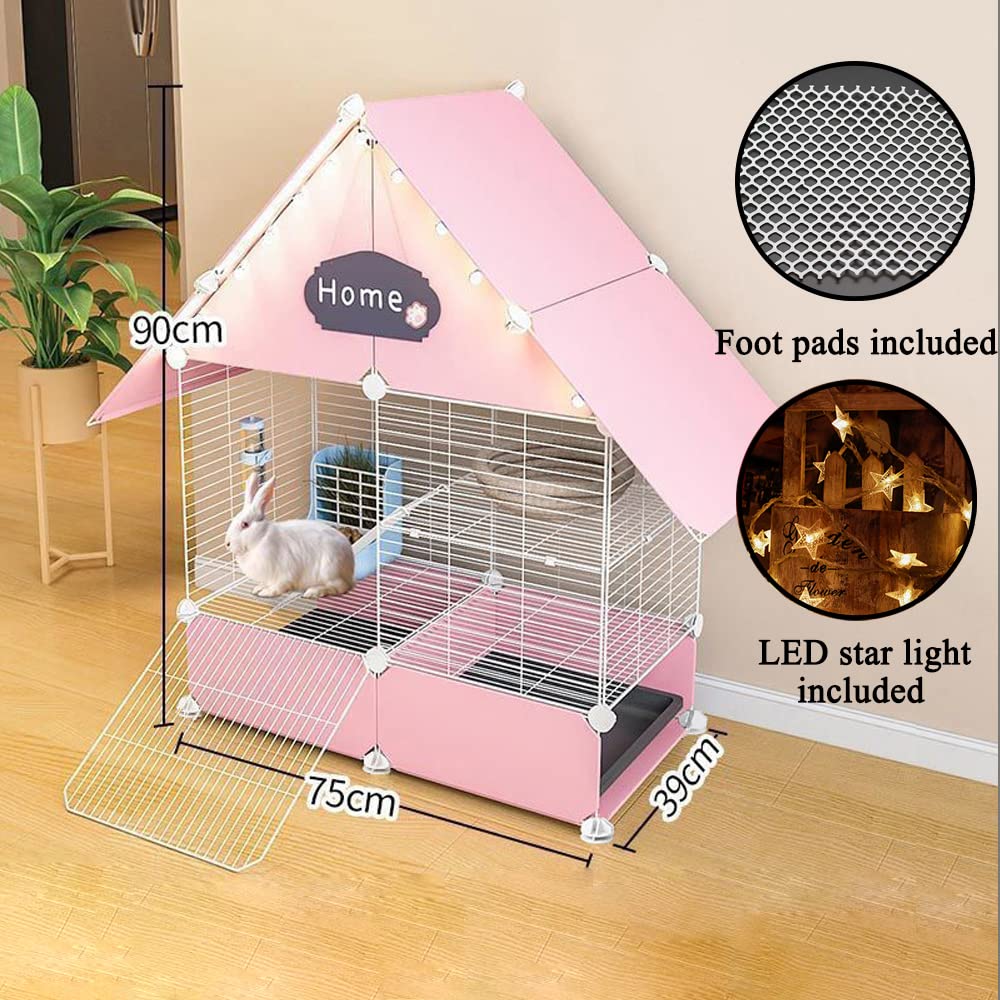 DuvinDD 2-Story Small Rabbit Cage Indoor Bunny Hutch with 2 Deep Pull-Out Trays and Urine Guard, Guinea Pig Cage Metal Wire Netting Villa, Small Animals House for Ferret, Chinchilla, Hedgehog