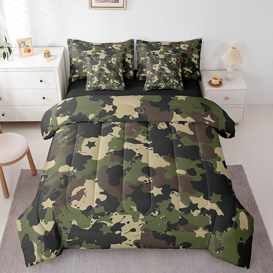 jejeloiu Green Camouflage 7 Pieces Bedding Set Twin Size Camo Comforter Set with Sheets for Kids Boys Girls Decor Military Style Disruptive Pattern Abstract Geometric Bed in a Bag Soft Bedroom Decor
