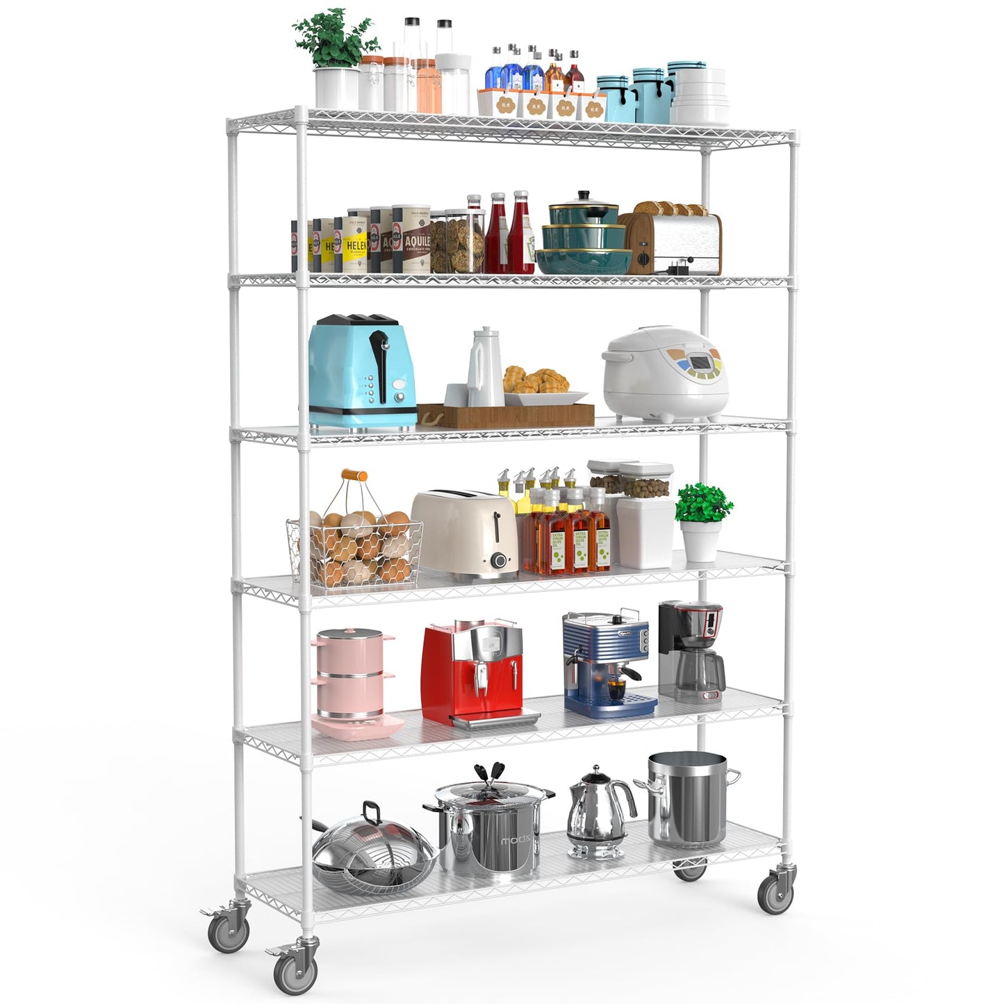 6 Tier NSF Wire Shelf Shelving Unit, 18 x 60 x 87.5 Inch 6000lbs Capacity Heavy Duty Adjustable Storage Metal Rack with Wheels/Leveling Feet & Shelf Liners, Ideal for Garage, Kitchen, and More - White