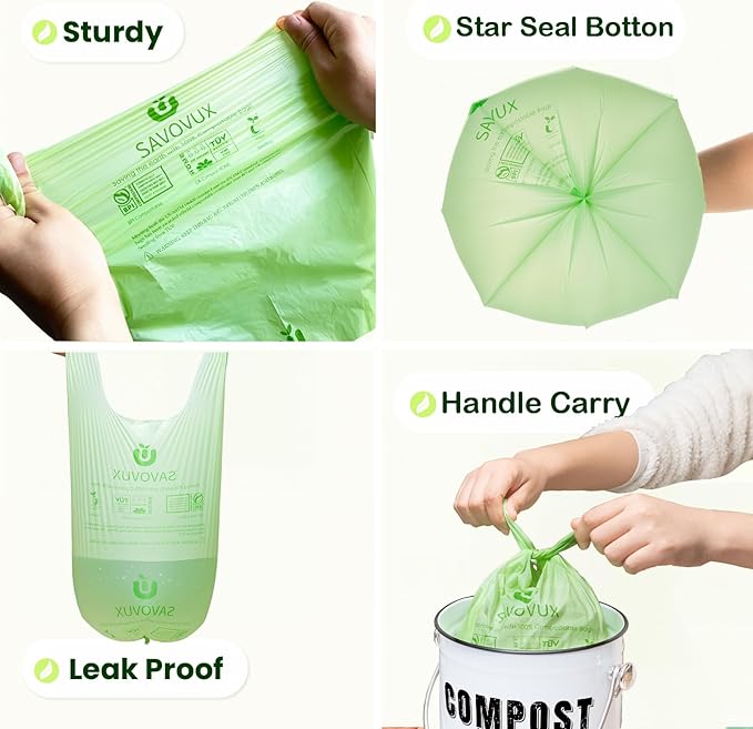 Small Compost Bags 2.6 Gallon with Handles,0.71 Mil Extra Thick Kitchen Food Scrap Bags,Compostable Trash Bags mini Certified by BPI &Europe OK Compost, 9.84L