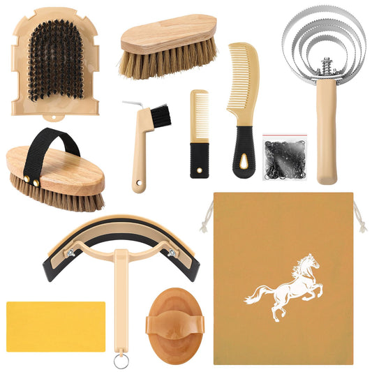 Abbylike 12 Pieces Horse Grooming Kit Racing Festival Tack Room Supplies Horse Brush Sets Equine Care Cleaning Kit Shedding Grooming Massaging Tools(Khaki)