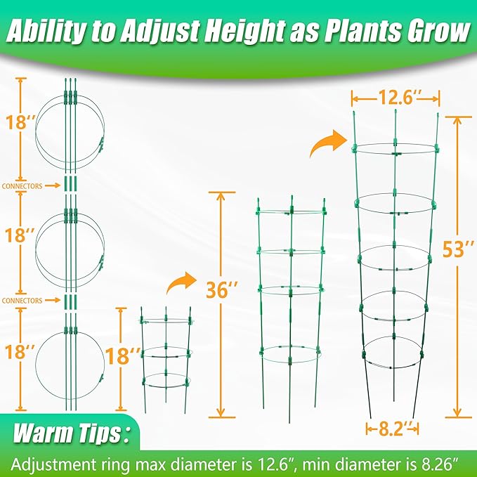 Upgrade Tomato Cage for Garden, 6 Pack 53 Inches Adjustable Tall Tomato Plant Support Cages, Tomato Stakes Garden Trellis for Vegetables, Climbing Plants, Vine Pants, Cucumber, Flowers, Fruit