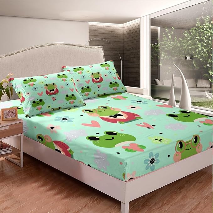 Cartoon Frog Bed Sheets Tropical Amphibian Sheet Set for Kids Boys Girls Toddler Dorm Decor,Cute Flower Love Heart Fitted Sheet + Top Sheet + 1 Pillowcase,Tropical Botanical Animal Bedding Set,Twin
