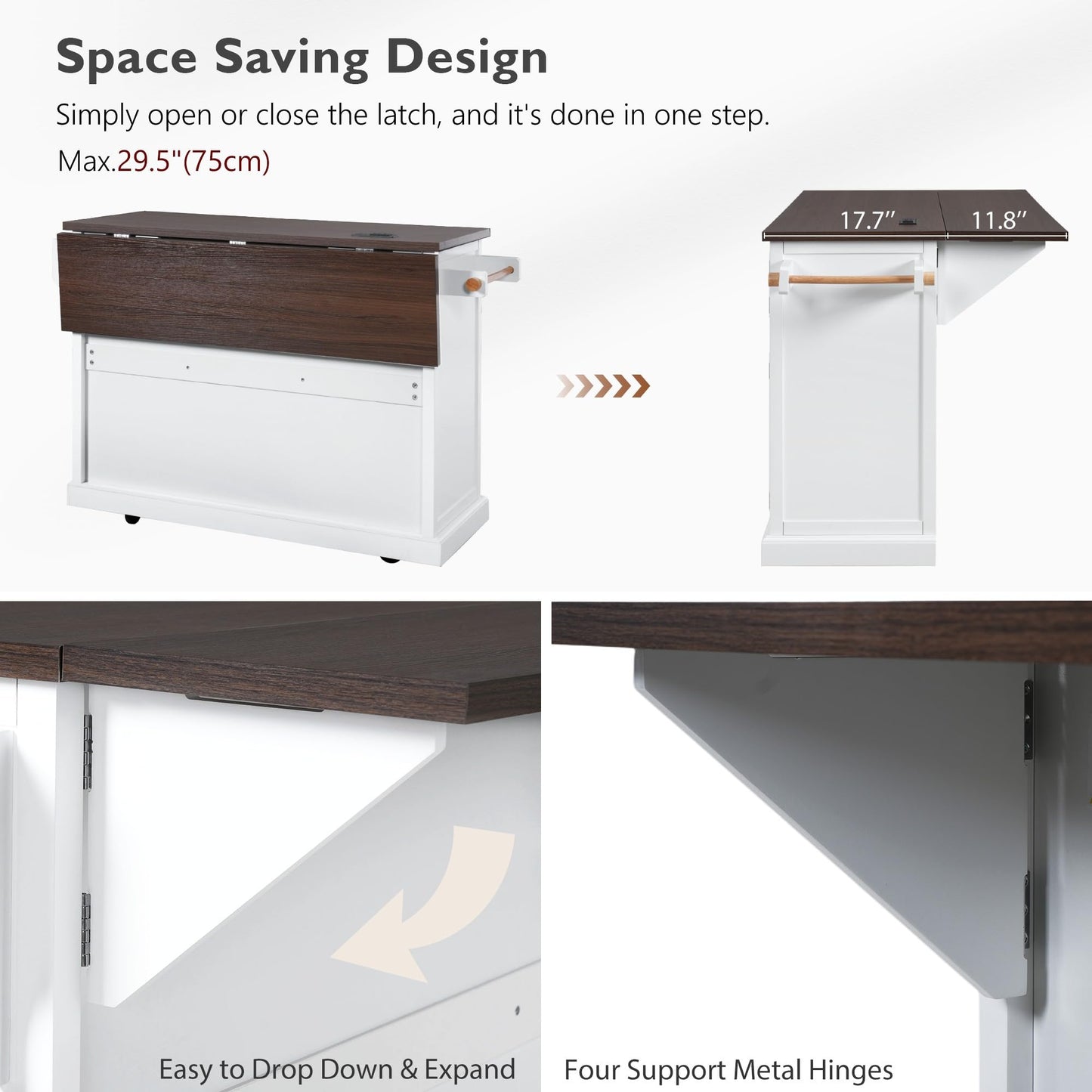 Merax 54.9" Kitchen Island with Drop Leaf, Power Outlet, Rolling Kitchen Storage Cart on 4 Wheels with 4 Door Shelves, Cross Barn Doors & Visual Glass Door for Dining Room, White