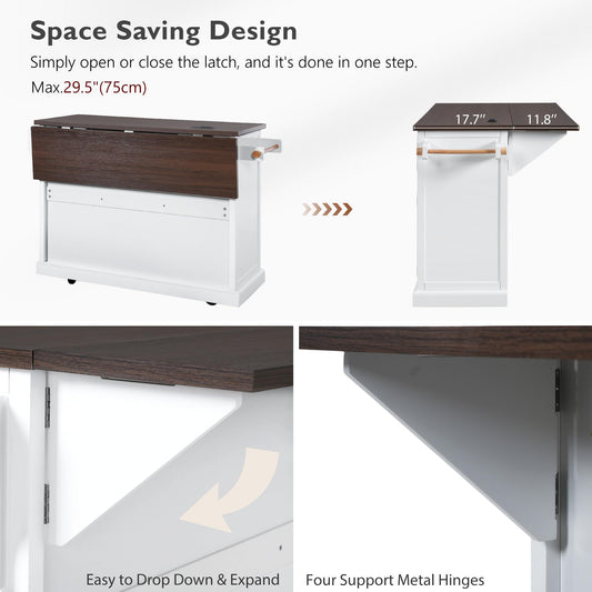 Merax 54.9" Kitchen Island with Drop Leaf, Power Outlet, Rolling Kitchen Storage Cart on 4 Wheels with 4 Door Shelves, Cross Barn Doors & Visual Glass Door for Dining Room, White