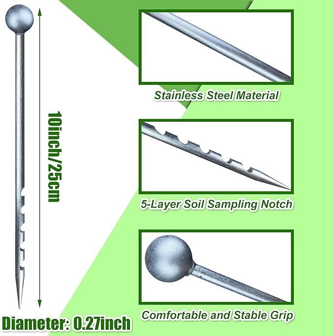 10"x Diameter 0.27" Soil Probe Stainless Steel Soil Sampler Probe Soil Moisture Probe for Plants No Batteries Required Moisture Meter for Plant Garden Farm Soil Sampling