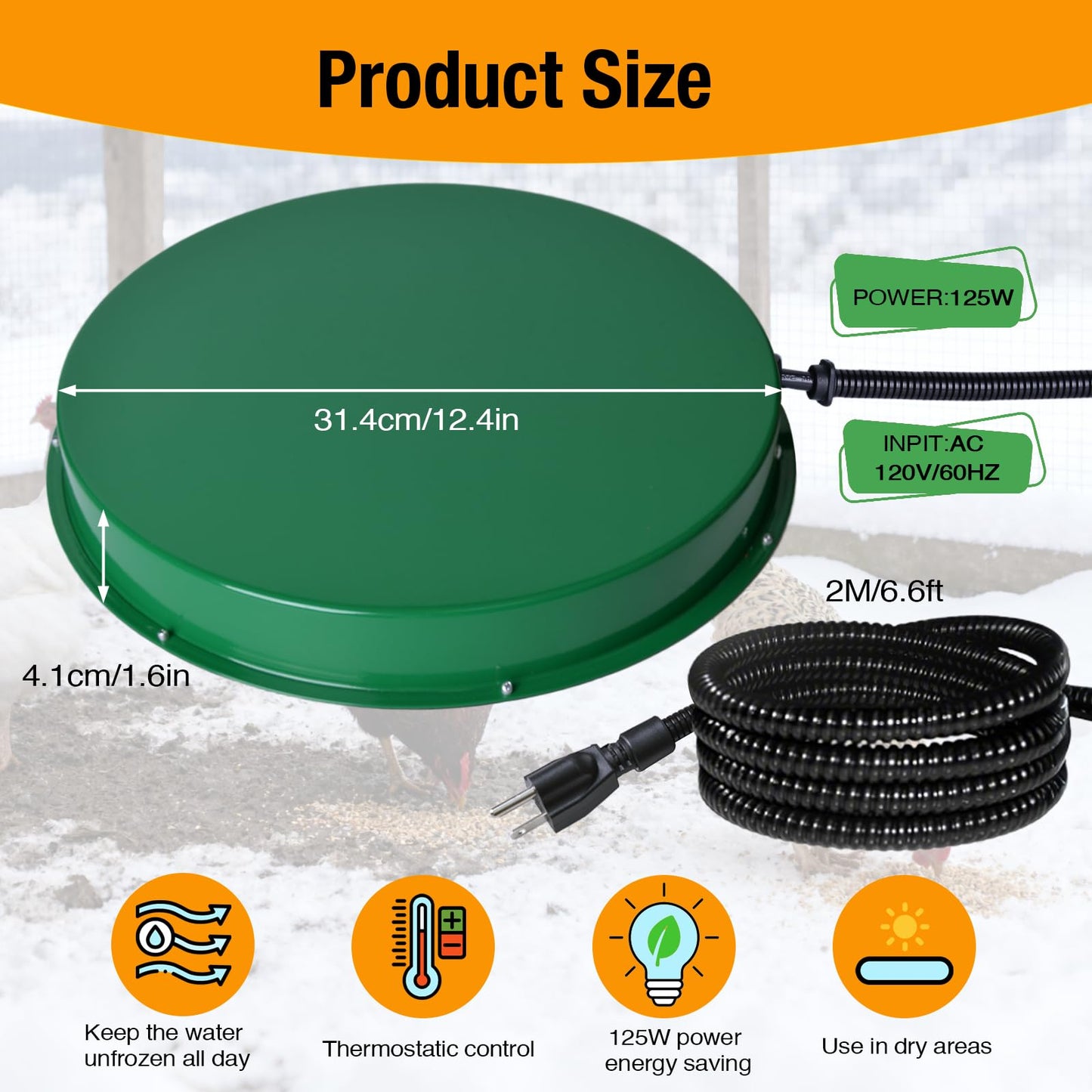 Chicken Water Heater for Winter, 125W Poultry Waterer Heated Base 31.4cm / 12.4in for Metal or Plastic Drinkers 1–5 Gallon, Freeze Proof Thermostat Deicer Chicken Drinker Heater