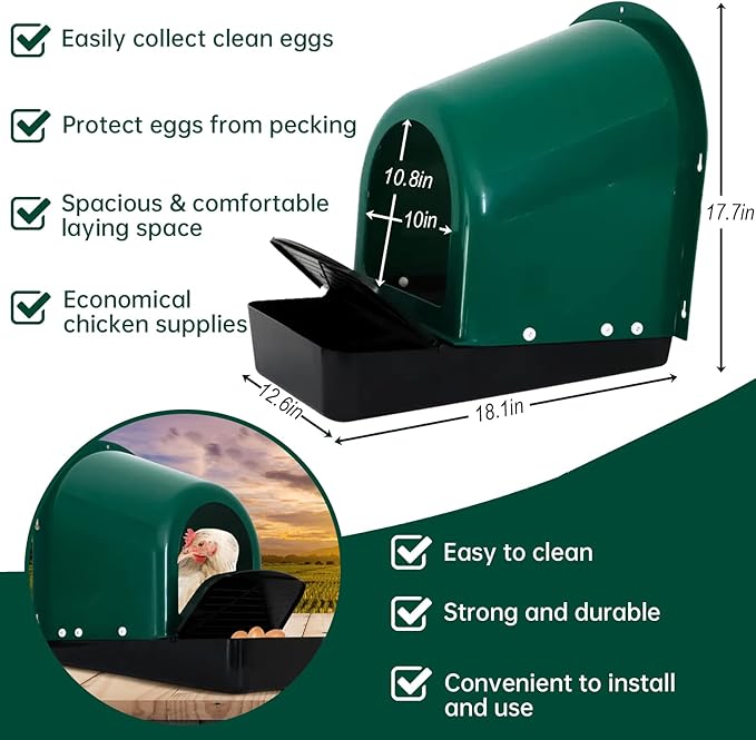 Chicken Nesting Boxes 5-Pack - with Roll-Out Egg Collection Trays - Plastic Chicken Laying Box with Perch - Wall-Mountable, Easy Assembly & Cleaning (Green)