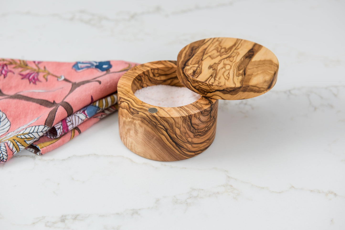 Lipper International Olive Wood Salt or Spice Box with Swivel Cover, 3 5/8" Diameter x 2 1/2" Tall