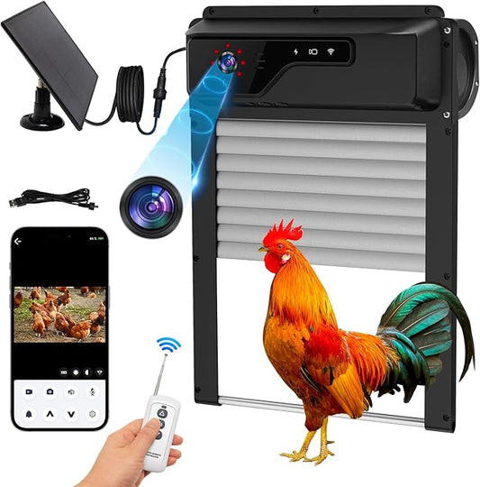 Automatic Chicken Coop Door with WiFi HD1080P Camera,Auto Solar Chicken Coop Door Opener with Timer,APP Remote Control,5000mA Battery,Night Vision,Alarm Drive for Poultry Safety (Grey)
