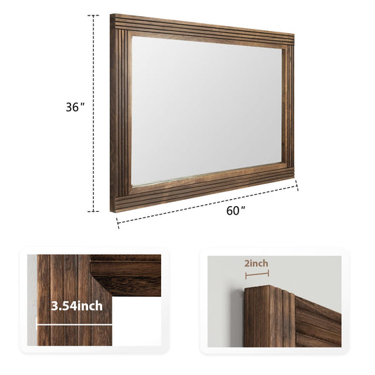 YOSHOOT Hand-Made Wooden Spliced Wall Mirror for Bathroom, Rustic Farmhouse Vanity Mirror, Décor Wall Art, Solid Wood Frame, Vertical or Horizontal Hanging, 60" x 36", Brown