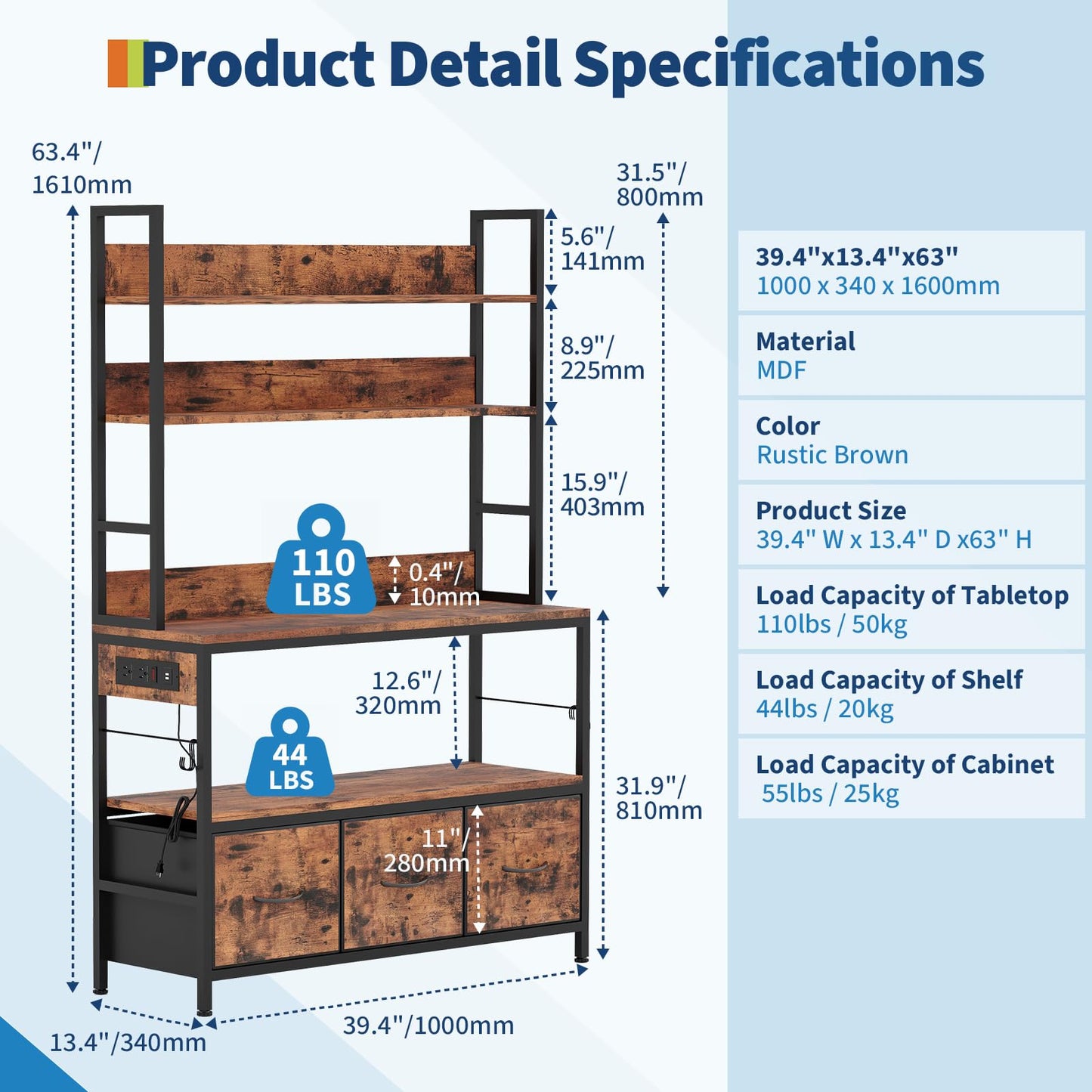 Garvee Kitchen Bakers Rack with Storage and Power Outlet, 5-Tier Industrial Microwave Stand with Drawers and Open Shelves, Metal Frame, Farmhouse Coffee Bar Cabinet, Brown