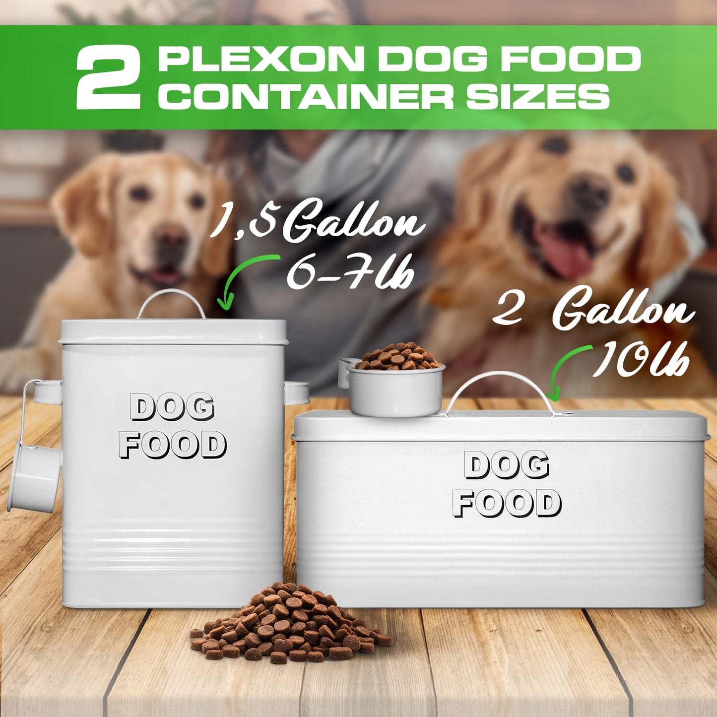 Plexon Dog Food Storage Container with Scoop, Metal Dog Food Container 10 lbs Holder Bin with Lid Small Pet Chow Storage Canister Tin, Treat Jars for Pets, 2 Gallons, White