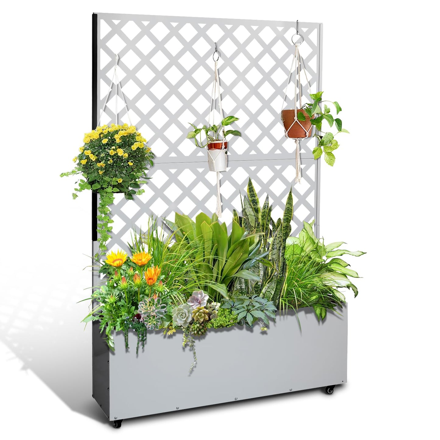 Mochalight Metal Raised Garden Bed with Trellis and Wheels, Metal Planter Box with Trellis Privacy Screen, Outdoor Planter Box with Drainage Holes for Climbing Plants, Flowers, Vegetables, White