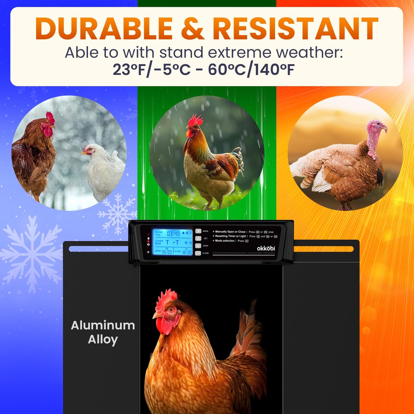 Extra Large Automatic Chicken Coop Door Solar Powered with Remote - LCD Display, Light Sensor, Timer & Anti-Pinch Function – 11.3" x 8.7" Door Opening – 5-Year Protection – Black – by Okköbi