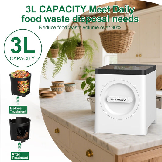 MOLINGDUN 3L Electric Composter for Kitchen, Countertop Compost bin, One Touch Smart Model Handle Kitchen Waste, with Triple Grinding Blade, Carbon Filter, Auto-Cleaning, LED Touch Screen
