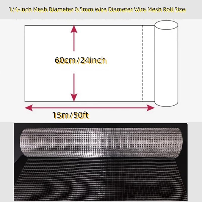 1/4 Inch Hardware Cloth Metal Wire Mesh Fence Roll, 19 Gauge 7mm Hole 23.6in x 49.2ft(60x1500CM)Hole Hot Dipped Galvanized Chicken Coop Welded Agricultural Fencingfor Poultry Netting Garden Protection