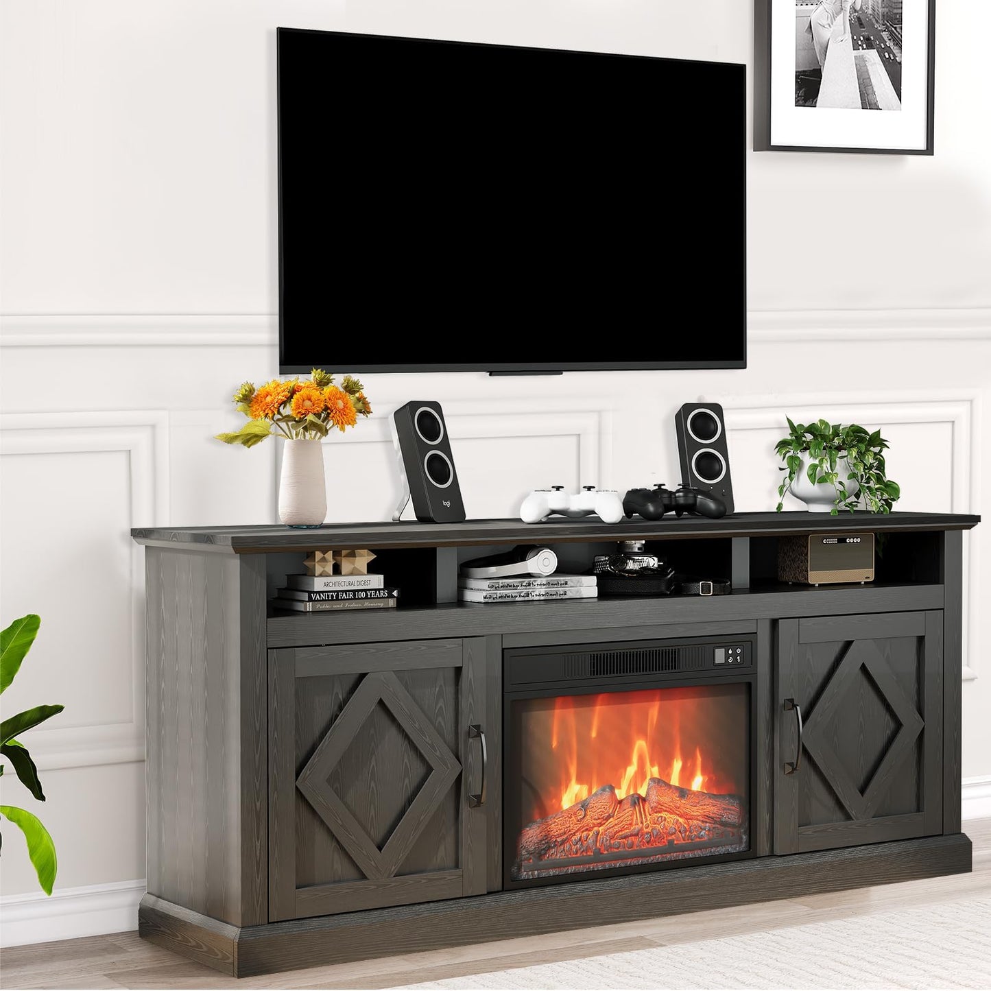 Farmhouse TV Stand with 23" Electric Fireplace for TVs Up to 65", Rustic Sliding Barn Door Entertainment Center with Storage, Remote Control, 3D Flame, Timer & Overheat Protection