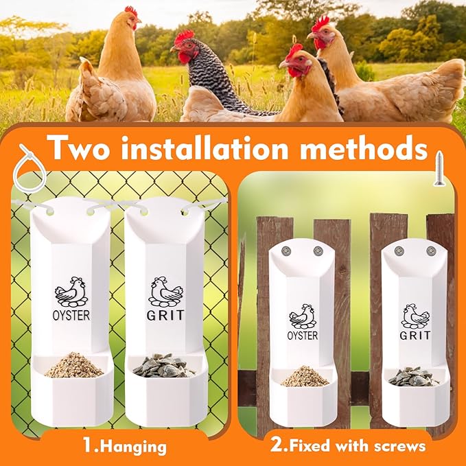 Hanging Chicken Oyster Shell and Grit Feeder Combo - Automatic Gravity Feed Dispenser, No Waste Design for Poultry Supplies, Baby Chicks, Ducks, and Quail | Chicken Coop Accessory and Feed Kit