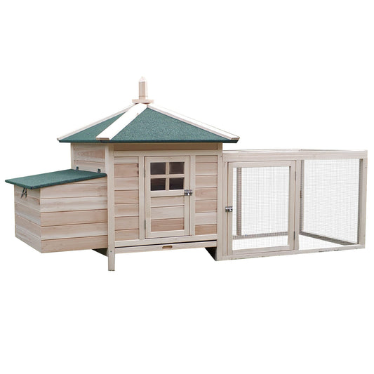 PawHut 77" Wooden Chicken Coop with Nesting Box, Cute Outdoor Hen House with Removable Tray, Ramp Run, for Garden Backyard, Natural