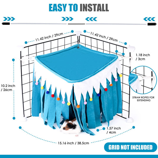 ONEJU Guinea Pig Hideout - Guinea Pig Corner Hideout, Four-Sided Fringes, Square Top and Washable Hides, Ideal Hides for Small Pets, No Metal Fences, Blue