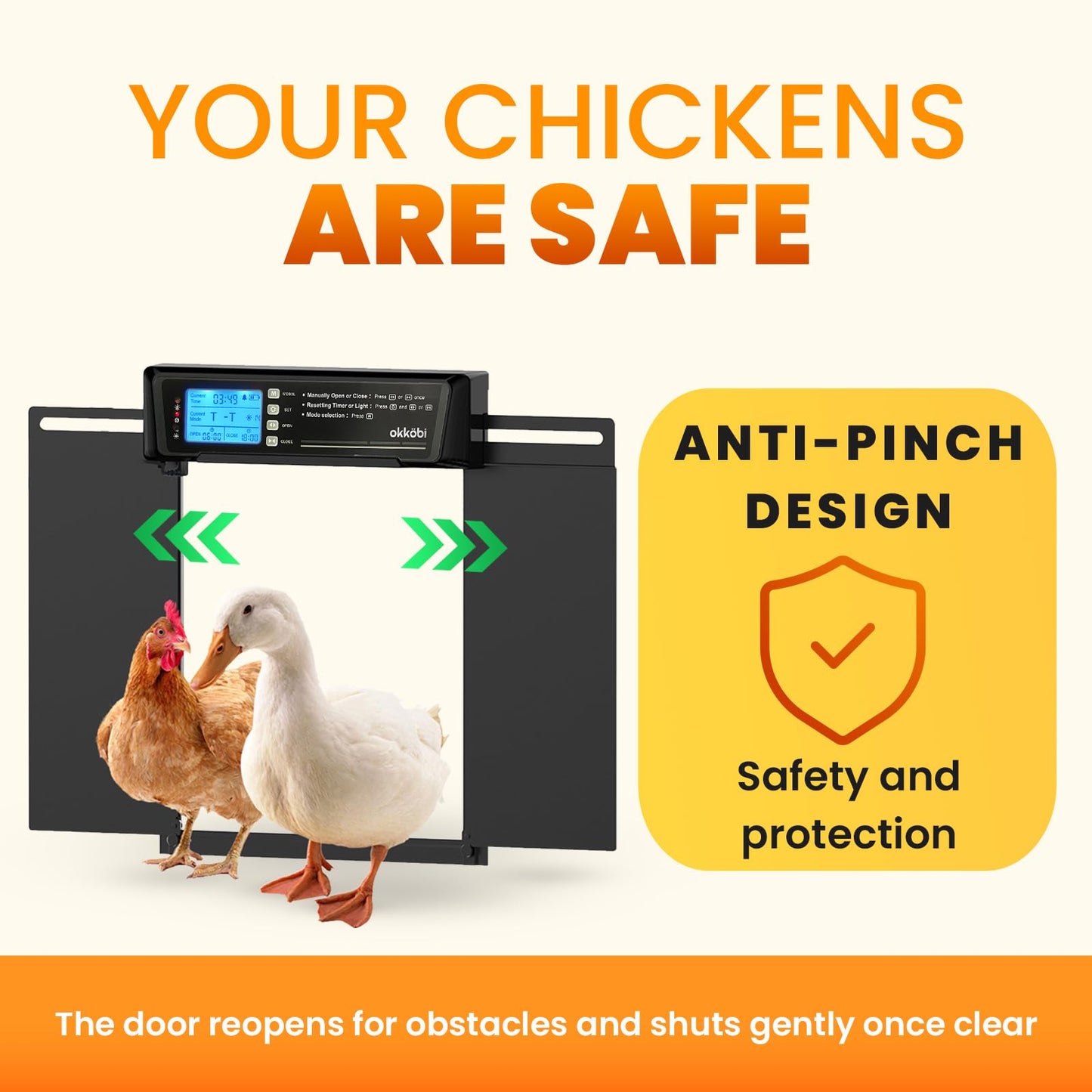 Extra Large Automatic Chicken Coop Door Solar Powered with Remote - LCD Display, Light Sensor, Timer & Anti-Pinch Function – 11.3" x 8.7" Door Opening – 5-Year Protection – Black – by Okköbi