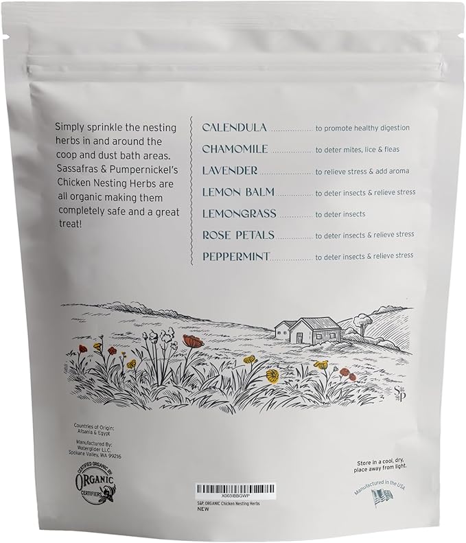 Sassafras & Pumpernickel Certified USDA Organic Chicken Nesting Herbs (16 oz, 1 Pound Bulk Bag) Aromatic Herbs for Coops and Nest Boxes, Nesting Herbs for Chicken coop, coop Refresher for Chickens