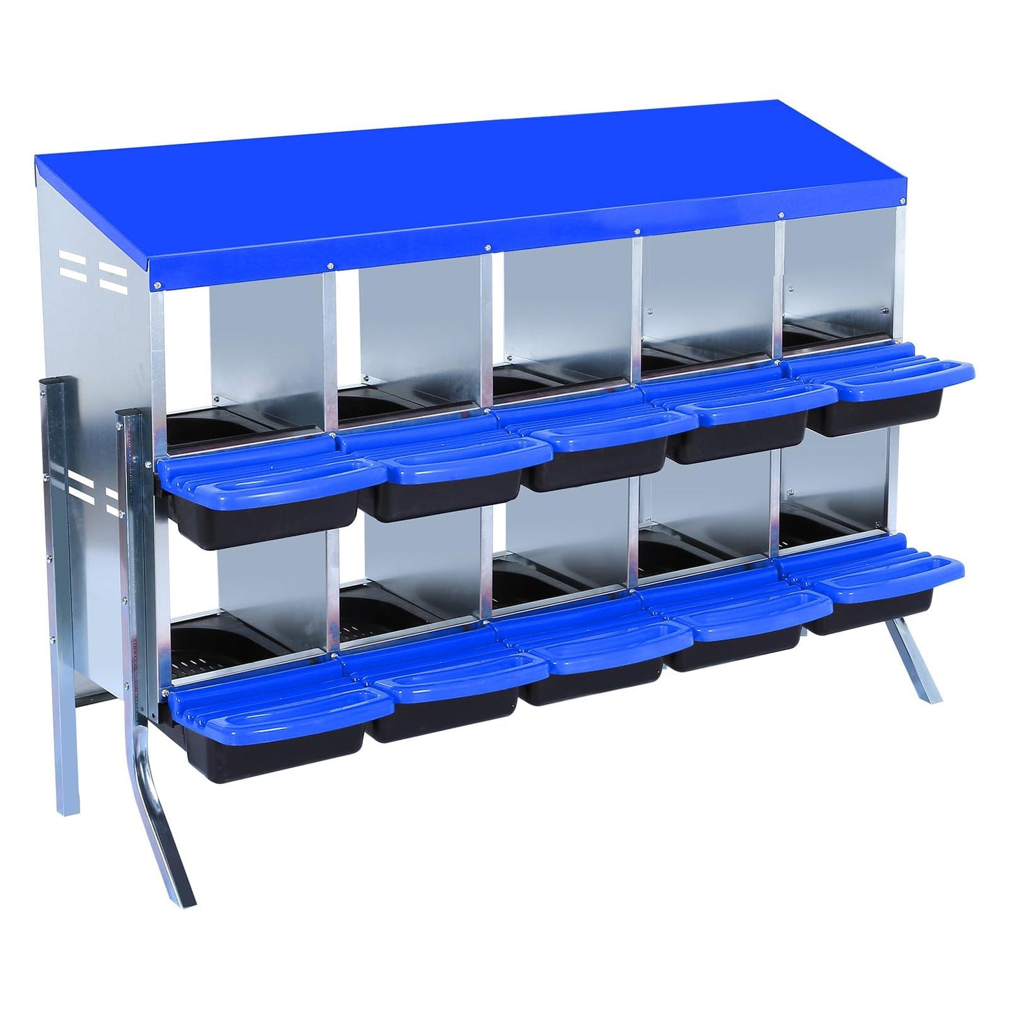 Chicken Nesting Boxes, 10 Hole Metal Chicken Laying Box with with Removable Trays and Roll Out Egg Collection for Chicken Coop, with Metal Bracket, Blue