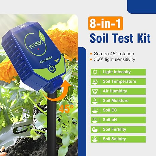 YINMIK pH Moisture Meter Smart Soil Test Kit Garden pH Meter Hygrometer pH Conductivity Meter for Hydroponic 8 in 1 Farm pH Moisture pH Moisture EC Fertility Salt Sunlight Air Humidity Temp Tester