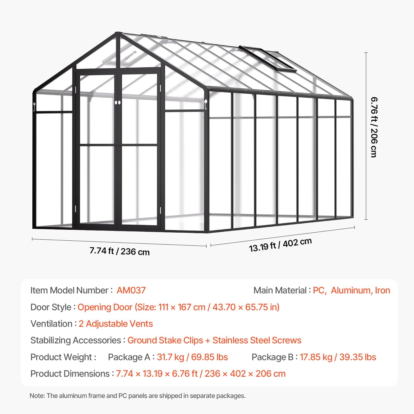 VEVOR Polycarbonate Greenhouse, 8 x 14 Ft, Outdoor Greenhouse with 2 Vent Windows, Pavilion Styled Greenhouse with Hinged Door, Aluminum Large Walk-in Greenhouse Kit for Outside Garden Backyard