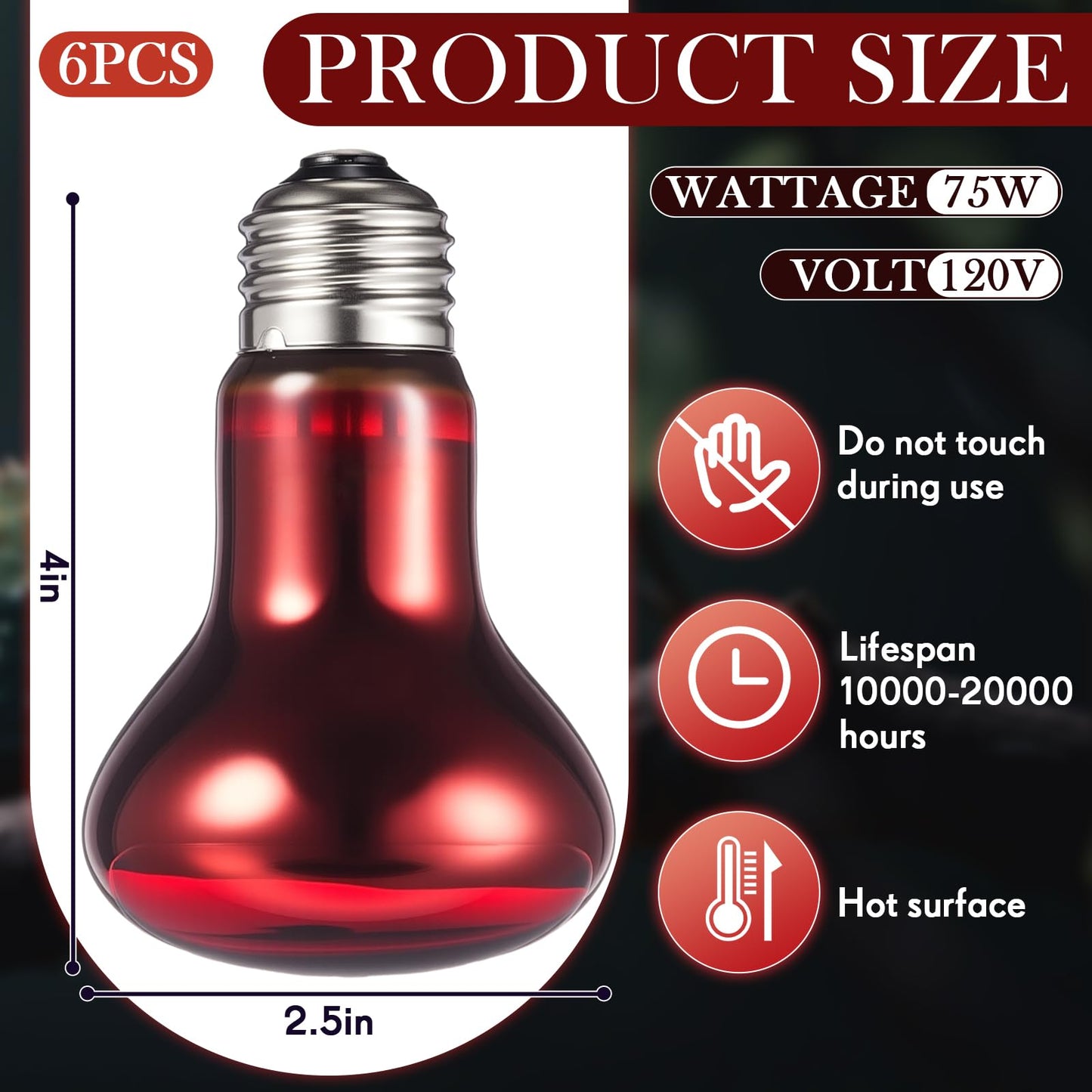 VIHOSE 6 Pack 75 W Reptile Heat Bulbs Red Heat Lamp Bulb Infrared Lamp Red Basking Light Bulbs for Reptiles, Bearded Dragon, Lizard, Tortoise, Chickens, Leopard Gecko, Amphibian, Pets