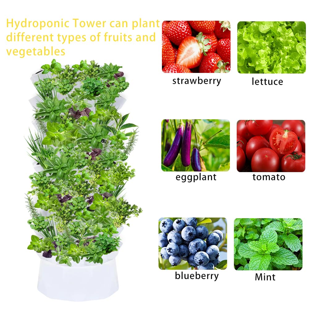 Hydroponic Growing System Indoor Garden,Hydroponics Tower for Strawberry Vegetable Herbs Fruit,Vertical Garden Planter with Hydrating Pump, Timer, Adapter, Seeding Bed & Net Pots (81 Pots)