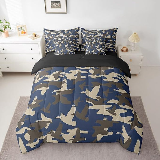 Feelyou Duck Hunter Bed Set Boys Girls King Size Duck Hunting Theme 7 Pieces Bedding Set for Kids Camo and Duck Bed Set Includes Comforter, Sheet Set, Pillowcases Blue Grey Room Decor