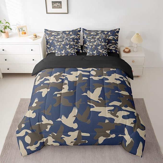 Feelyou Duck Hunter Bed Set Boys Girls Full Size Duck Hunting Theme 7 Pieces Bedding Set for Kids Camo and Duck Bed Set Includes Comforter, Sheet Set, Pillowcases Blue Grey Room Decor