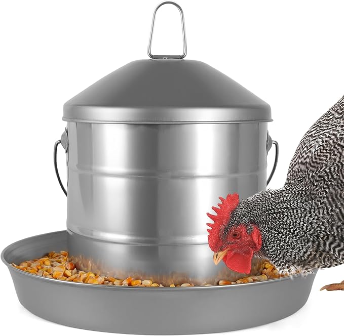 17.8lb Stainless Steel Hanging Chicken Feeder, Metal No Waste Poultry Feeder, Rustproof, Reusable, Long-Lasting, Gravity Feed Chicken Coop Accessories for Chicken, Geese, Duck, Hens, Rooster, Chick