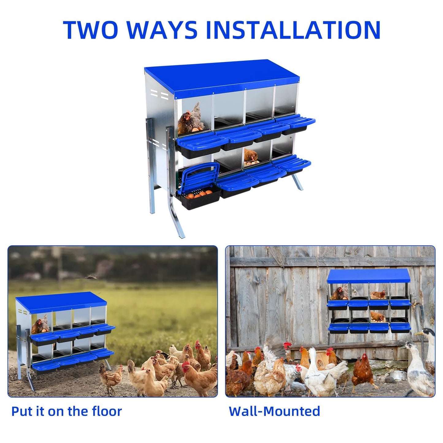 Chicken Nesting Boxes, 8 Hole Metal Chicken Laying Box with with Removable Trays and Roll Out Egg Collection for Chicken Coop, with Metal Bracket, Blue