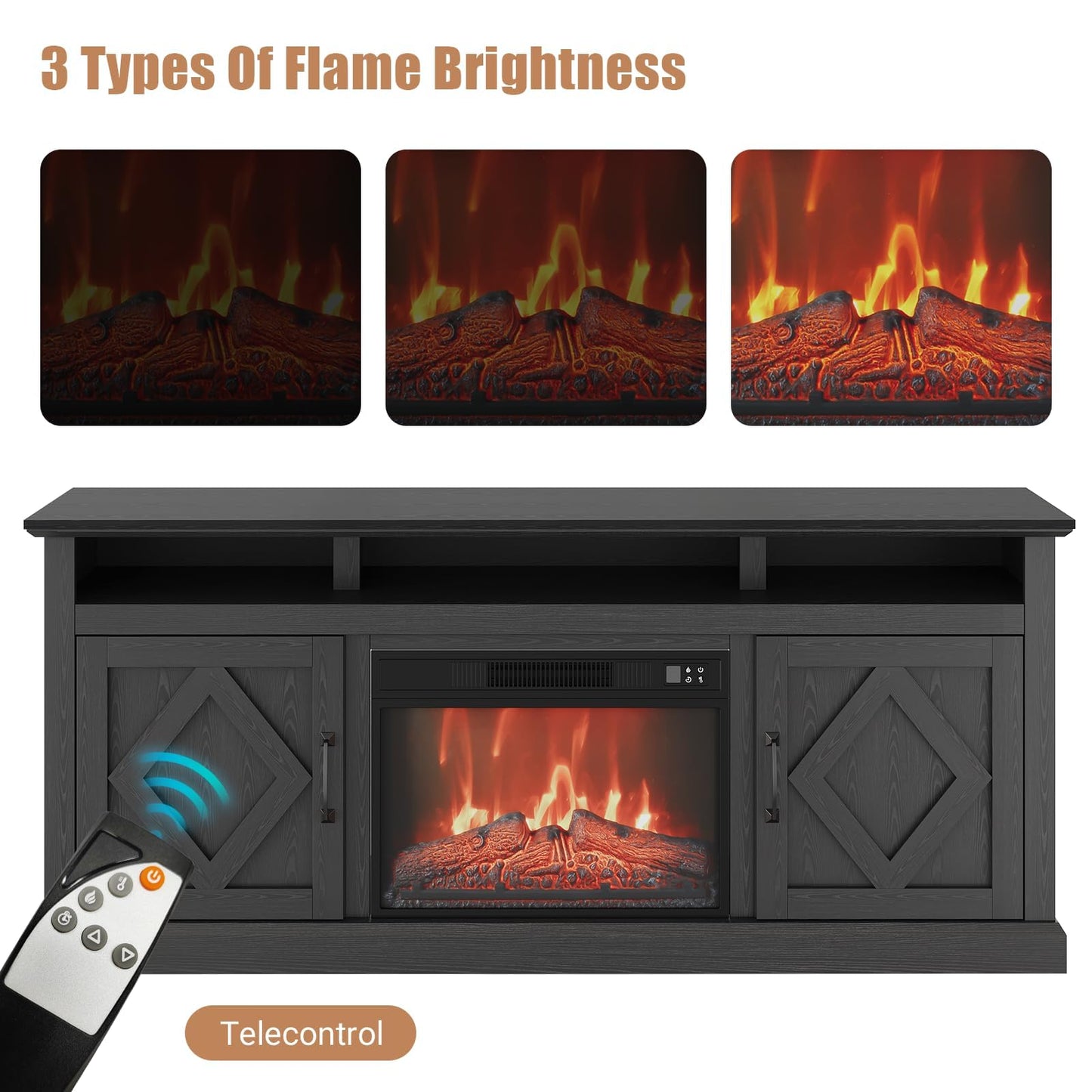 Farmhouse TV Stand with 23" Electric Fireplace for TVs Up to 65", Rustic Sliding Barn Door Entertainment Center with Storage, Remote Control, 3D Flame, Timer & Overheat Protection