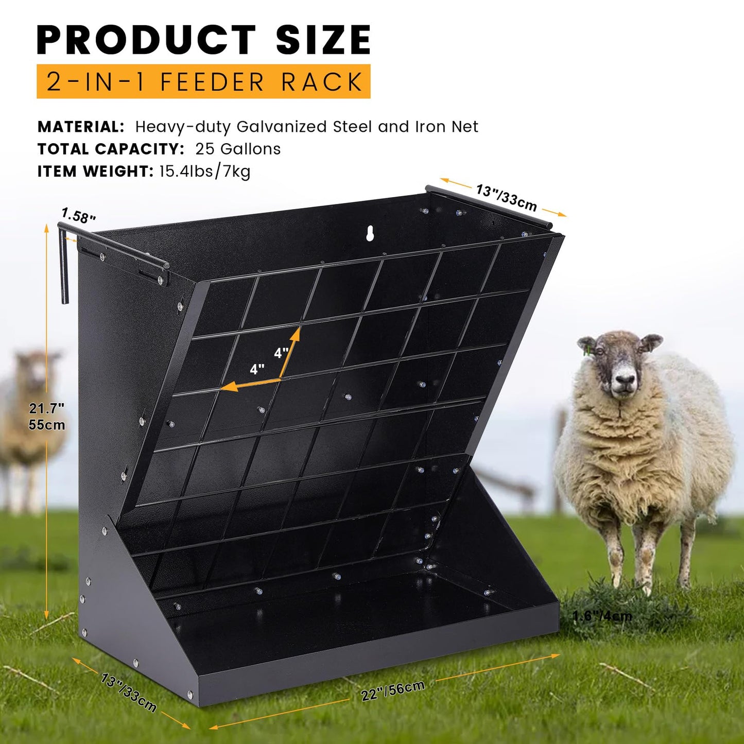PAUQRWIE Hay Feeder for Goats 25 Gallon Horse Hay Rack Wall Mount 2 in 1 Hay and Grain Feeder Metal Livestock Mineral Feeders for Sheep Nigerian Dwarf Goats, Hanging, Adjustable