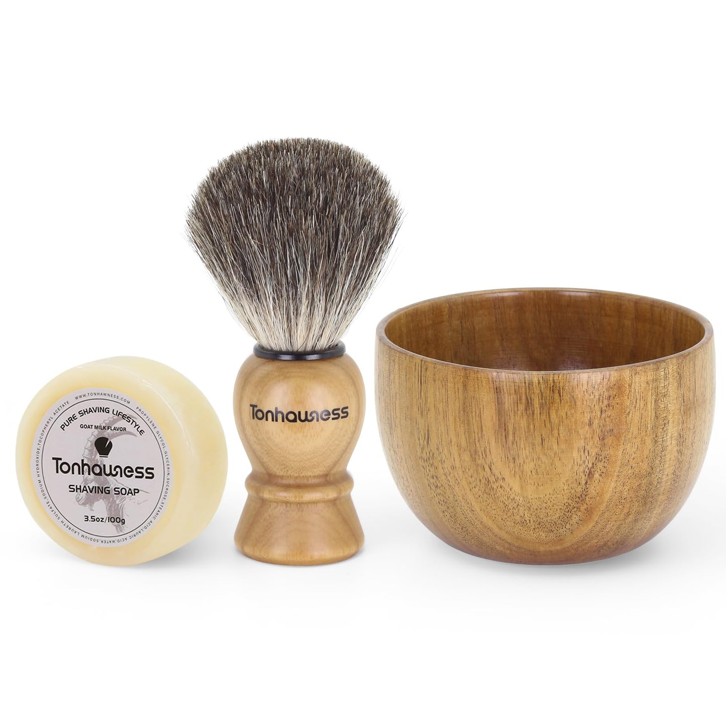 Shaving Brush Kit For Men, 3 In 1 Shaving Brushes Set Includes Badger Hair Shaving Brush, Wood Bowl and Goat Milk Shaving Soap