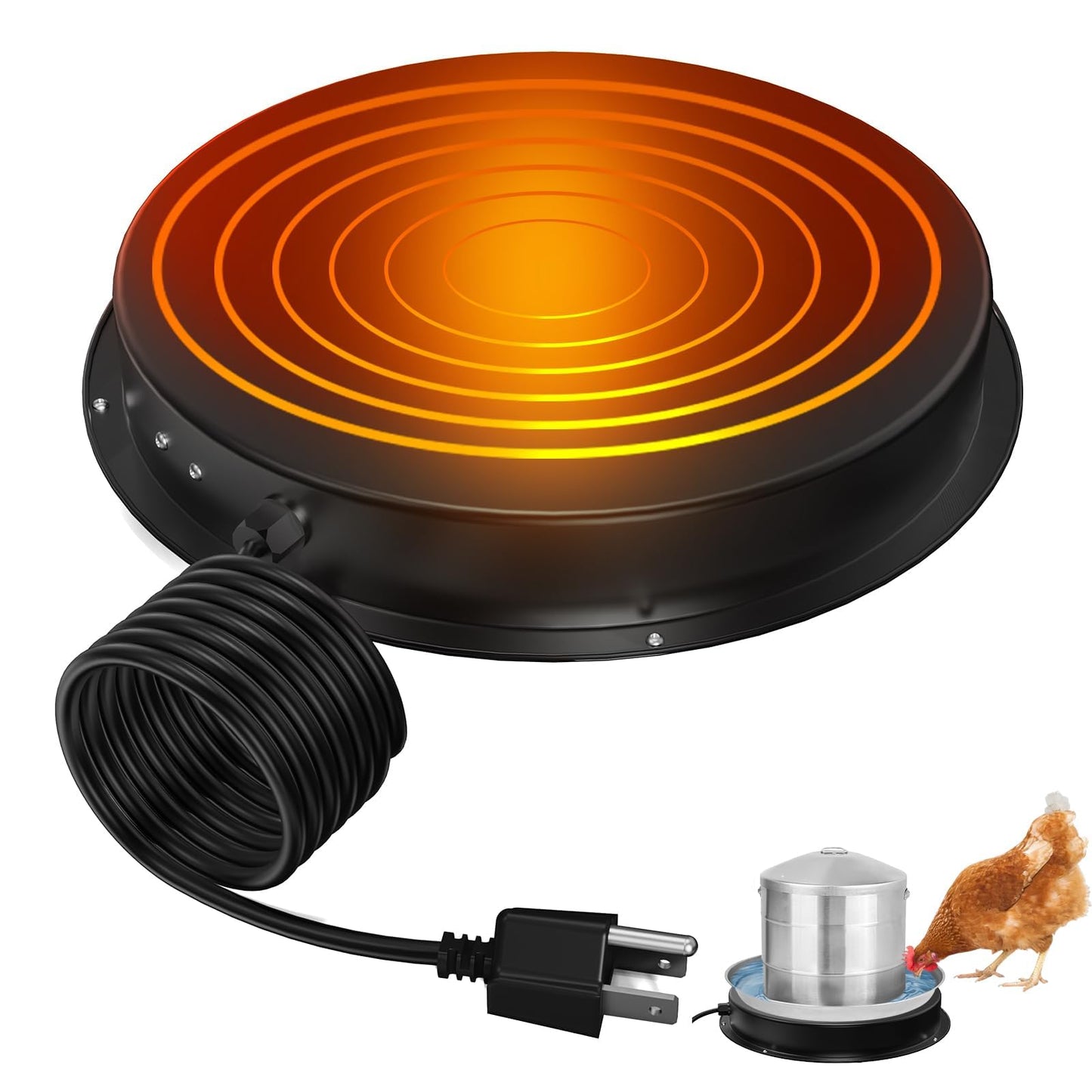 Chicken Water Heater for Winter, 11" Waterer Heated Base for 1-5 Gallon Metal Plastic Poultry Water, 110 Watt Heated Poultry Waterer with Thermostat for Chicken Duck Pigeon