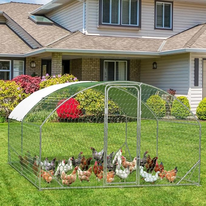 Large Metal Chicken Coop, Dome Shape with Tri-Supporting, Chicken Coop Run with Waterproof and Anti-UV Cover (13.1'L x 9.8'W x 6.6'H)