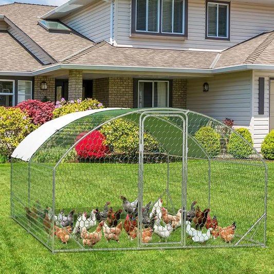 Large Metal Chicken Coop, Dome Shape with Tri-Supporting, Chicken Coop Run with Waterproof and Anti-UV Cover (13.1'L x 9.8'W x 6.6'H)